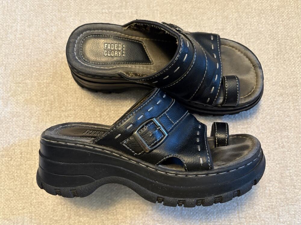 Faded Glory Black Slip On Sandal Chunky Platform Lug Sole Y2K 6.5 See Pictures